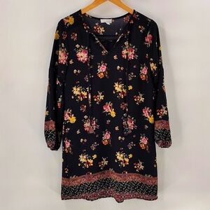 Allison Joy Shift Dress Size Medium Floral Print Long Sleeve Front Tie
